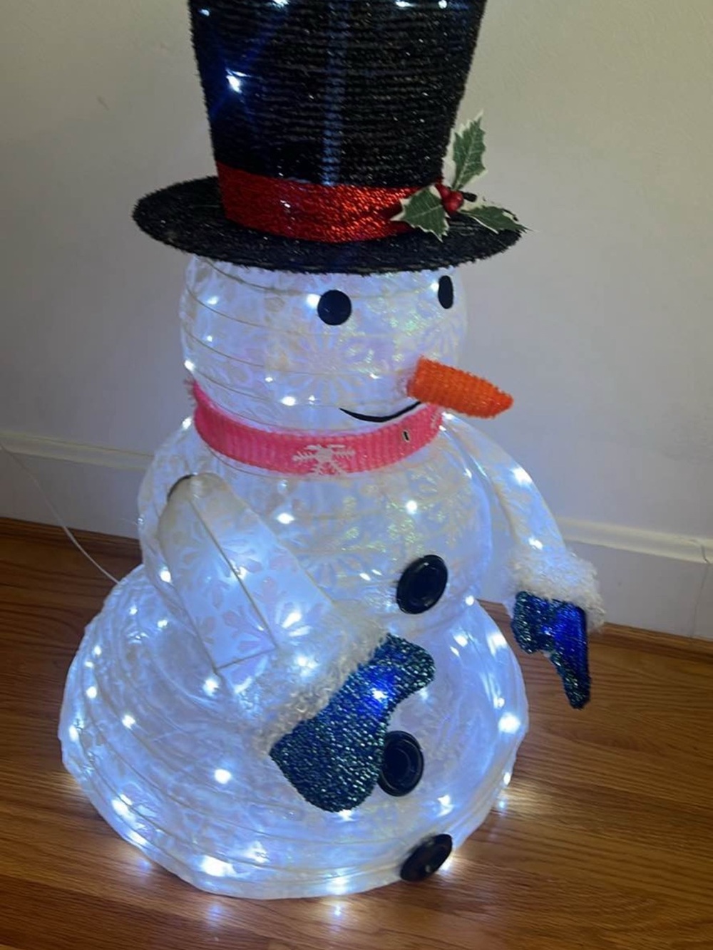 Light-Up Decorative Snowman with Black Top Hat and Red Scarf